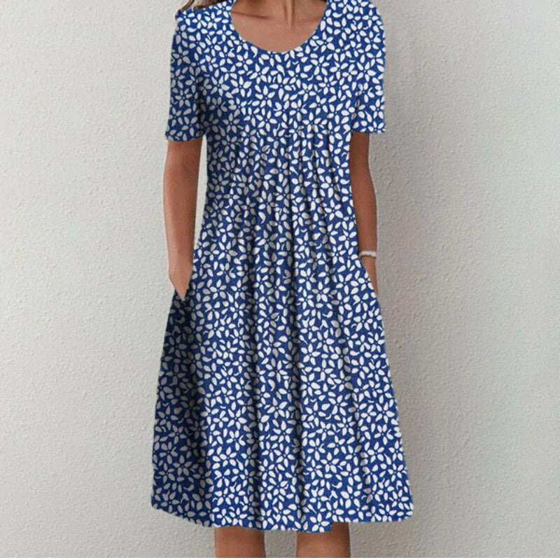 Dames Midi Jurk Korte Mouw met Bloemenprint en Ronde Hals Blauw met bloemen
