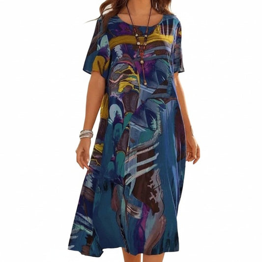 Dames Midi Jurk Korte Mouw met Ronde Hals en Abstract Print