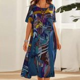 Dames Midi Jurk Korte Mouw met Ronde Hals en Abstract Print