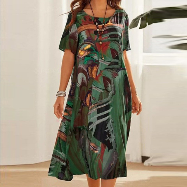 Dames Midi Jurk Korte Mouw met Ronde Hals en Abstract Print Groen