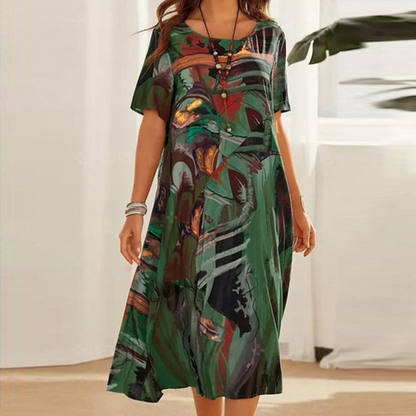 Dames Midi Jurk Korte Mouw met Ronde Hals en Abstract Print Groen