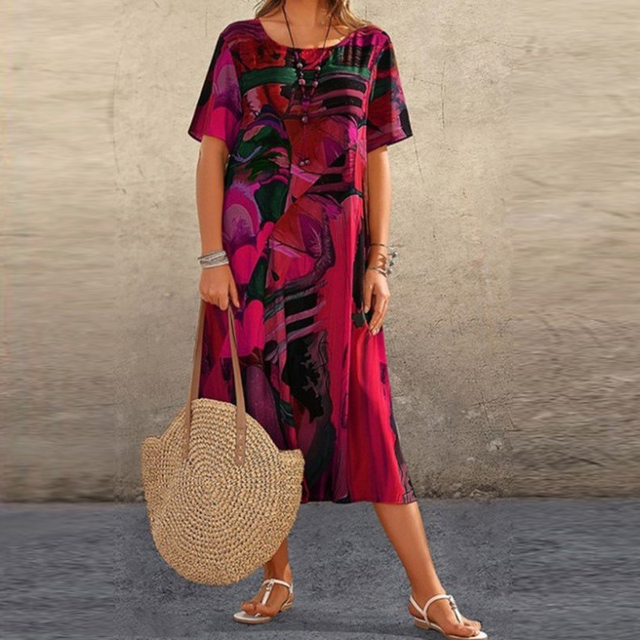 Dames Midi Jurk Korte Mouw met Ronde Hals en Abstract Print Rood