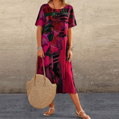 Dames Midi Jurk Korte Mouw met Ronde Hals en Abstract Print Rood