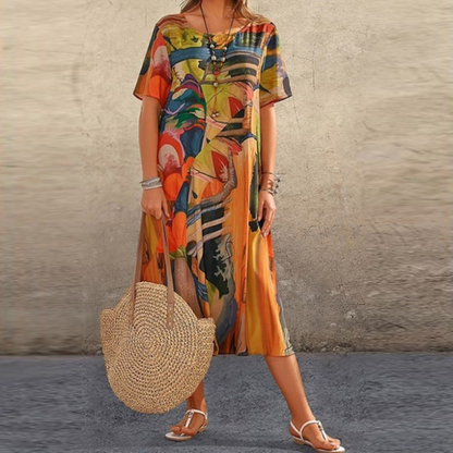 Dames Midi Jurk Korte Mouw met Ronde Hals en Abstract Print Oranje