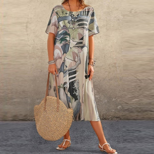 Dames Midi Jurk Korte Mouw met Ronde Hals en Abstract Print Grijs