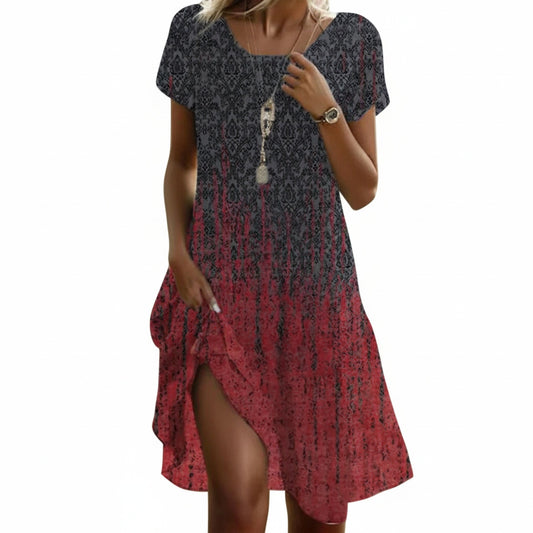 Dames Midi Jurk Korte Mouw met Ronde Hals en Asymmetrische Zoom