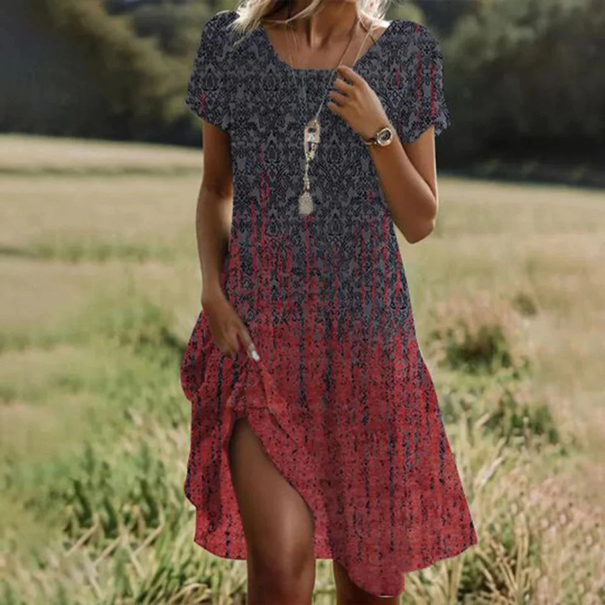 Dames Midi Jurk Korte Mouw met Ronde Hals en Asymmetrische Zoom Zwart