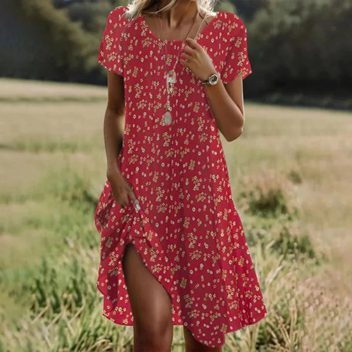 Dames Midi Jurk Korte Mouw met Ronde Hals en Asymmetrische Zoom Rood