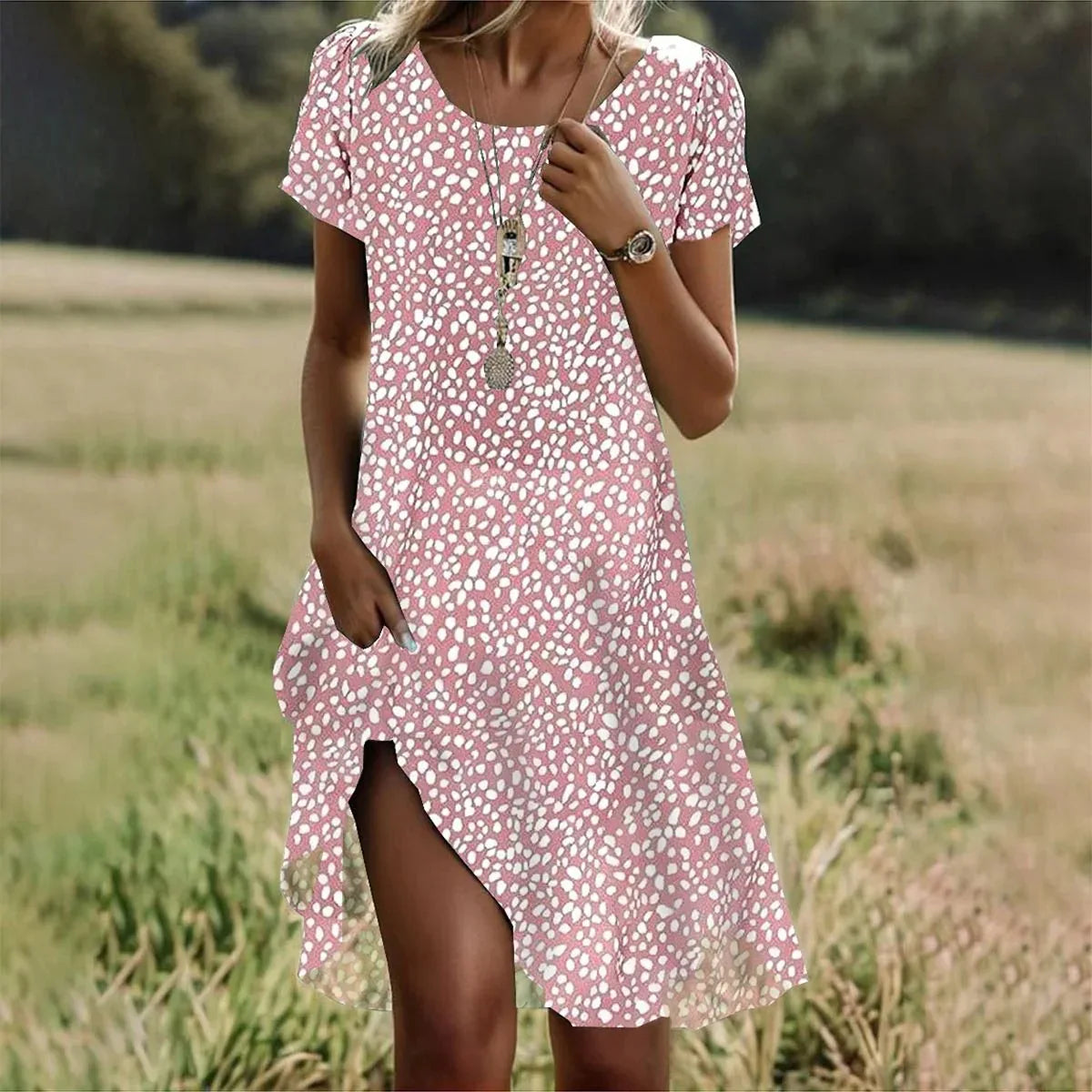 Dames Midi Jurk Korte Mouw met Ronde Hals en Asymmetrische Zoom Beige