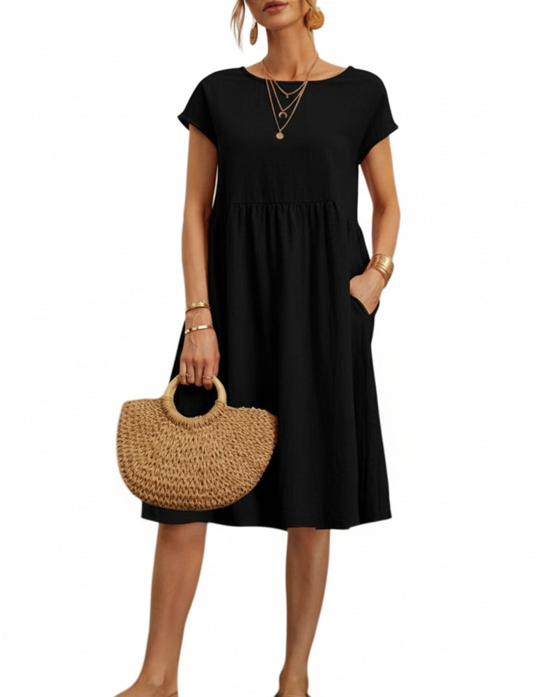 Dames Midi Jurk Korte Mouw met Ronde Hals en Gesmockte Taille