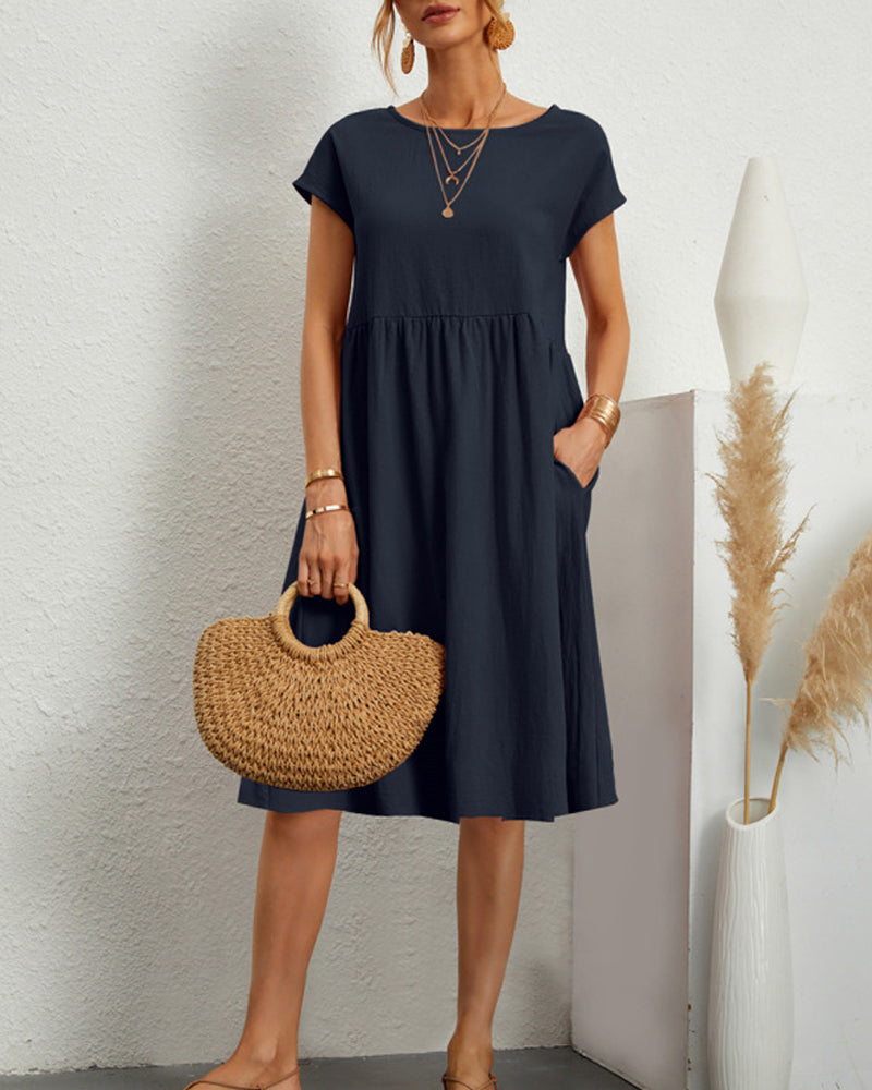 Dames Midi Jurk Korte Mouw met Ronde Hals en Gesmockte Taille