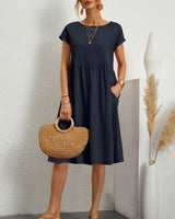 Dames Midi Jurk Korte Mouw met Ronde Hals en Gesmockte Taille