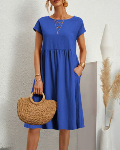 Dames Midi Jurk Korte Mouw met Ronde Hals en Gesmockte Taille