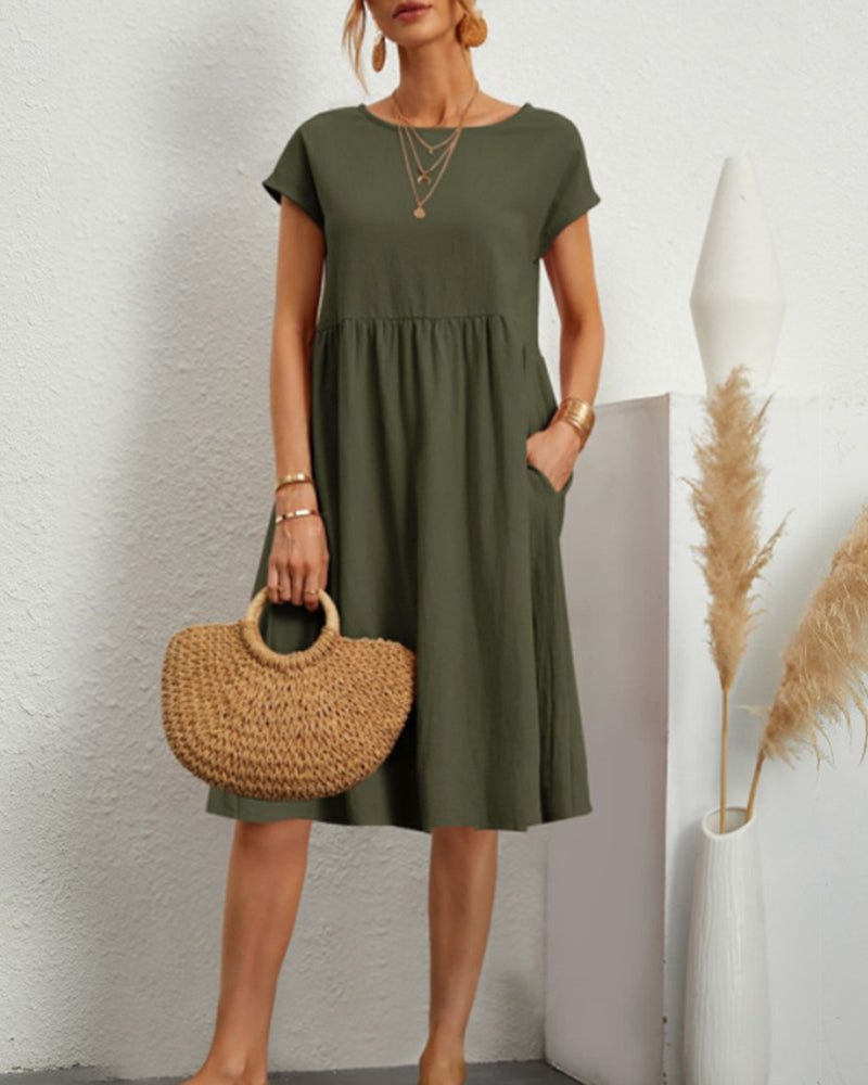 Dames Midi Jurk Korte Mouw met Ronde Hals en Gesmockte Taille
