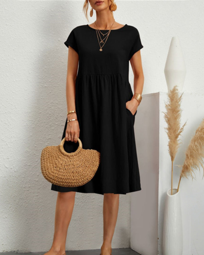 Dames Midi Jurk Korte Mouw met Ronde Hals en Gesmockte Taille Zwart