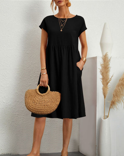 Dames Midi Jurk Korte Mouw met Ronde Hals en Gesmockte Taille