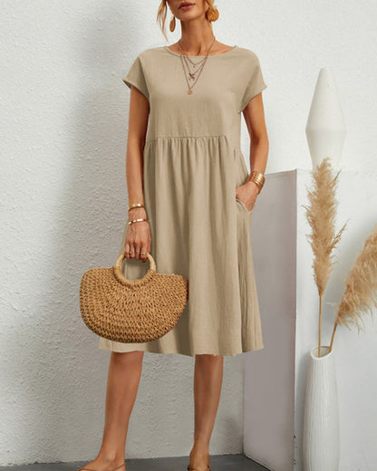 Dames Midi Jurk Korte Mouw met Ronde Hals en Gesmockte Taille