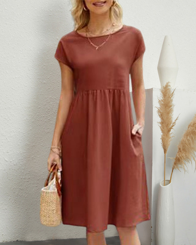Dames Midi Jurk Korte Mouw met Ronde Hals en Gesmockte Taille