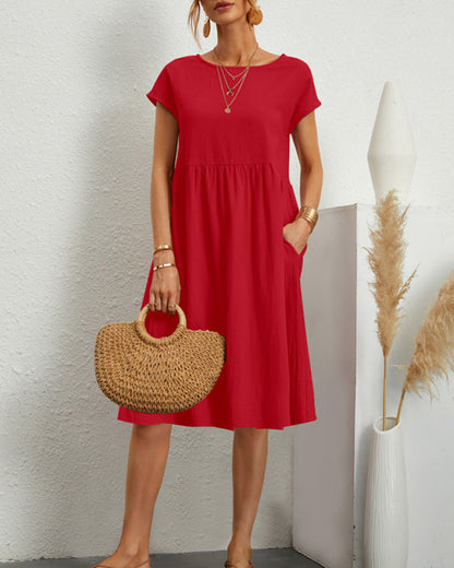 Dames Midi Jurk Korte Mouw met Ronde Hals en Gesmockte Taille
