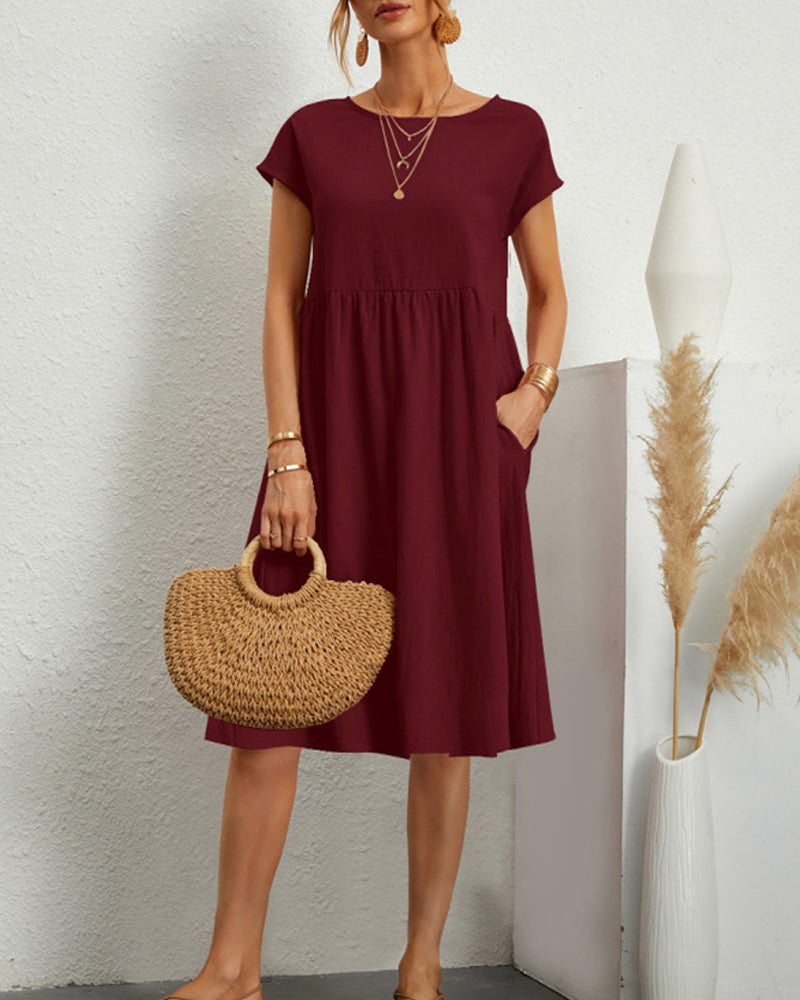 Dames Midi Jurk Korte Mouw met Ronde Hals en Gesmockte Taille
