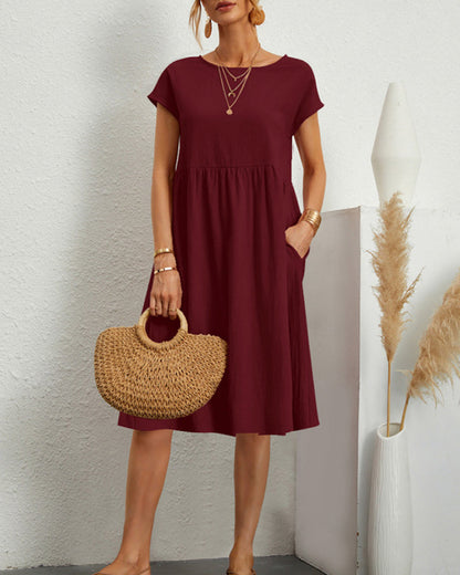 Dames Midi Jurk Korte Mouw met Ronde Hals en Gesmockte Taille