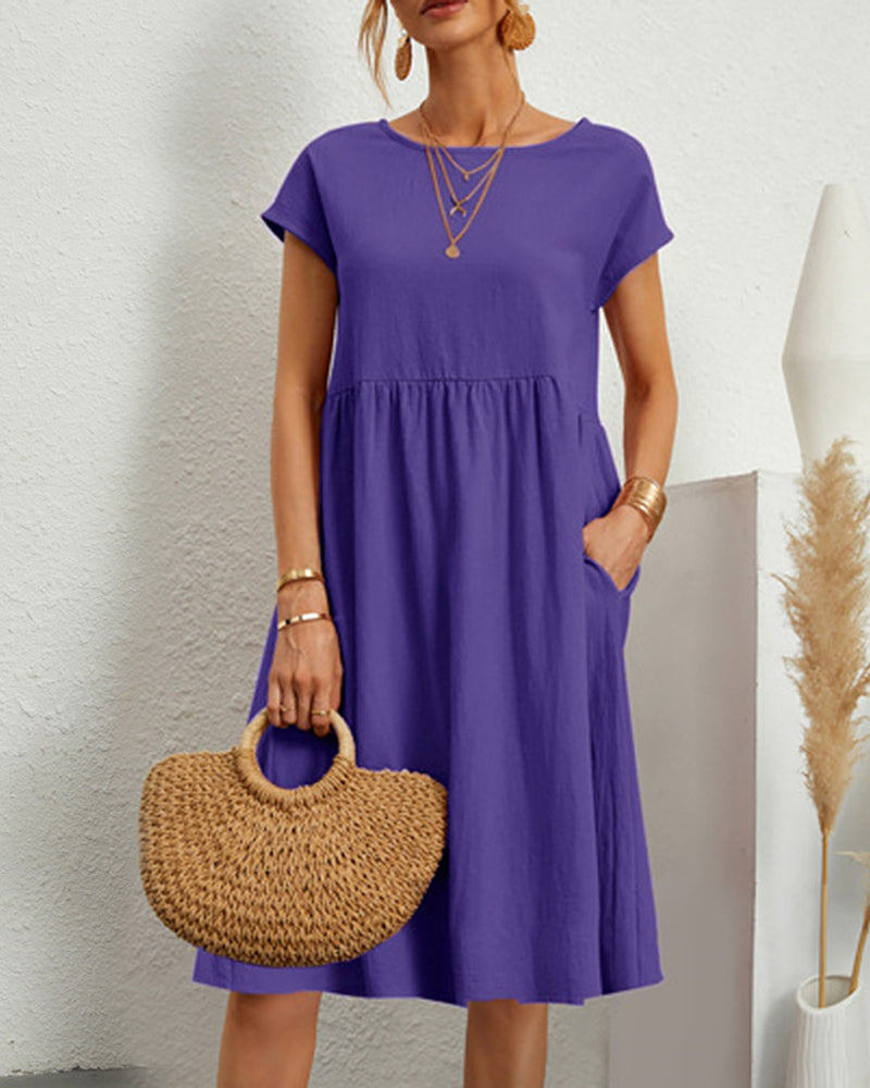 Dames Midi Jurk Korte Mouw met Ronde Hals en Gesmockte Taille