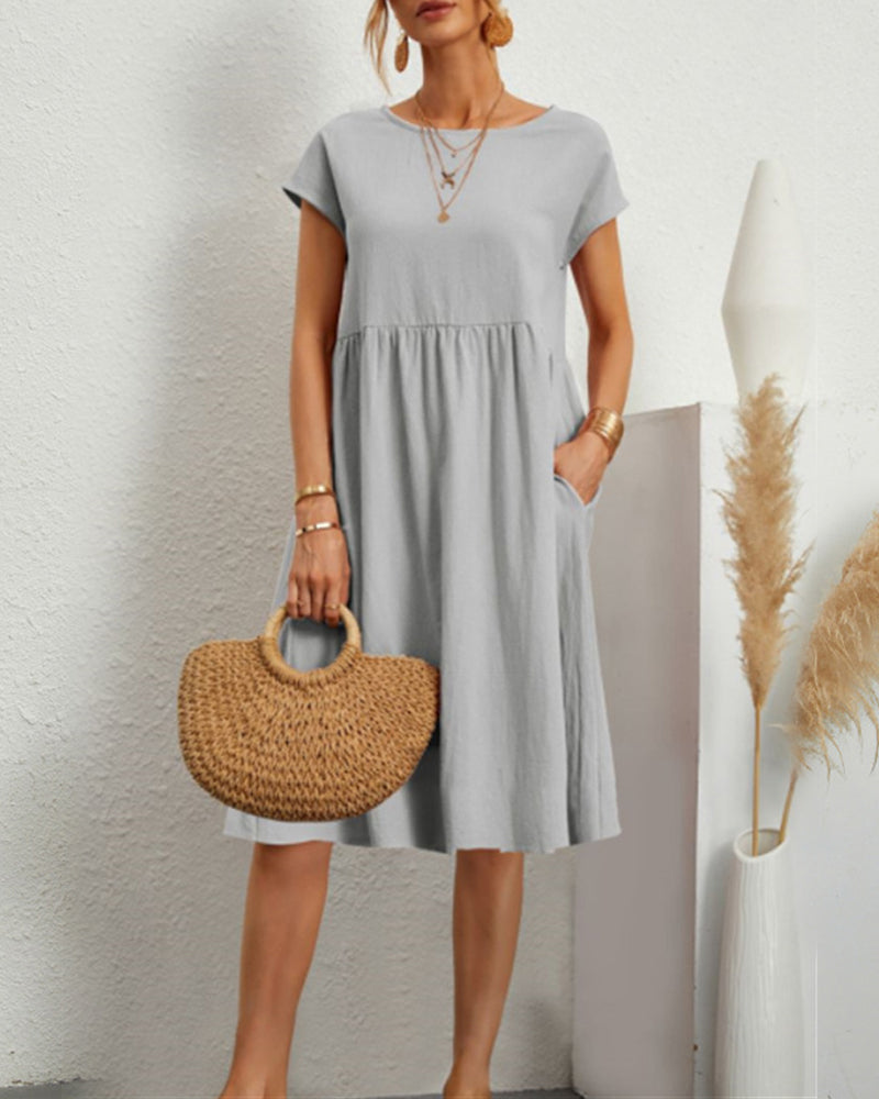 Dames Midi Jurk Korte Mouw met Ronde Hals en Gesmockte Taille