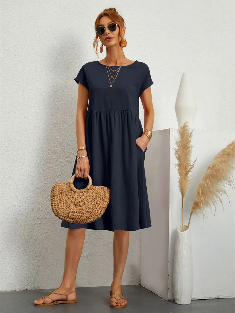 Dames Midi Jurk Korte Mouw met Ronde Hals en Zakken Marineblauw
