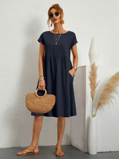 Dames Midi Jurk Korte Mouw met Ronde Hals en Zakken Marineblauw