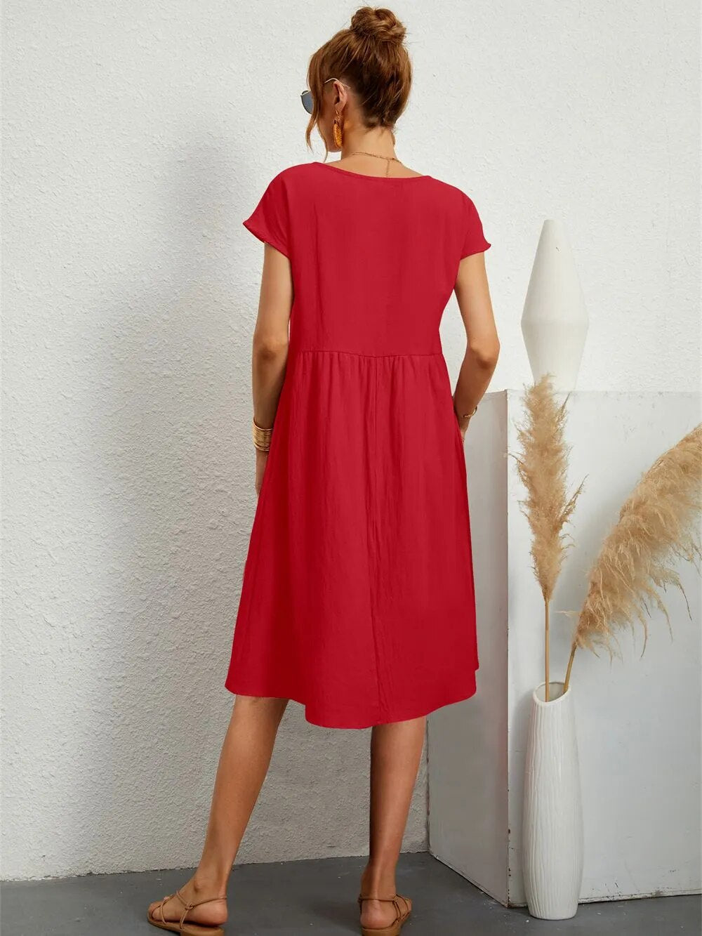 Dames Midi Jurk Korte Mouw met Ronde Hals en Zakken