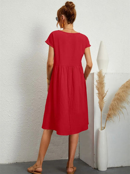 Dames Midi Jurk Korte Mouw met Ronde Hals en Zakken