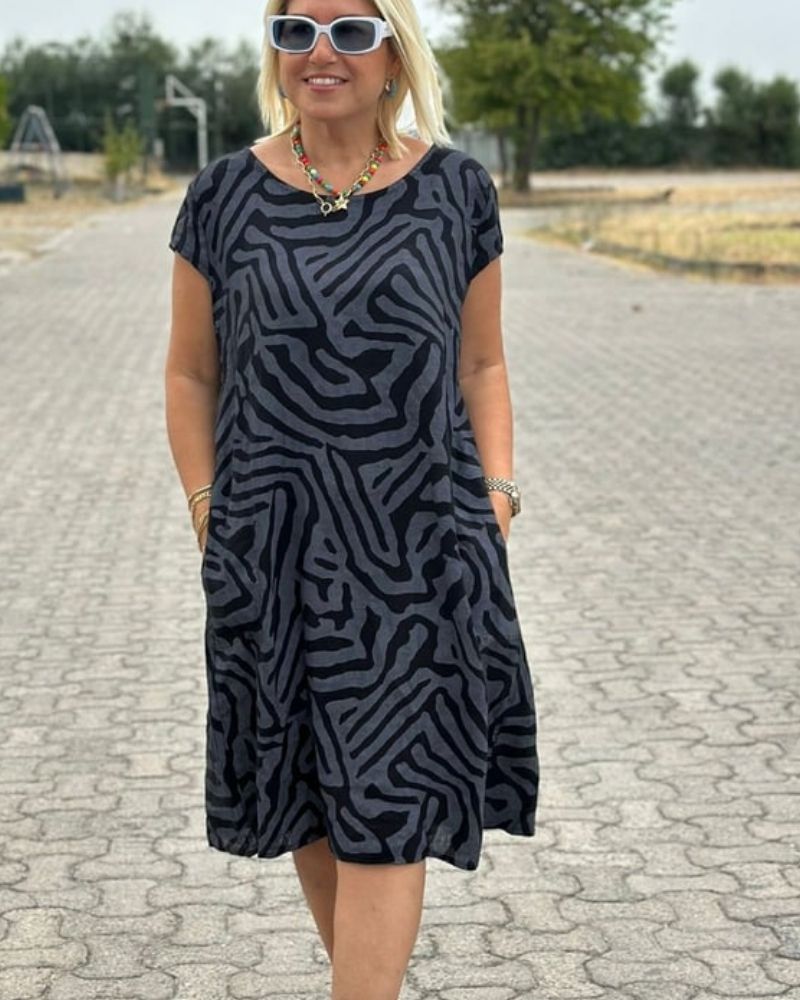 Dames Midi Jurk Korte Mouw met Ronde Hals en Zebraprint Zwart