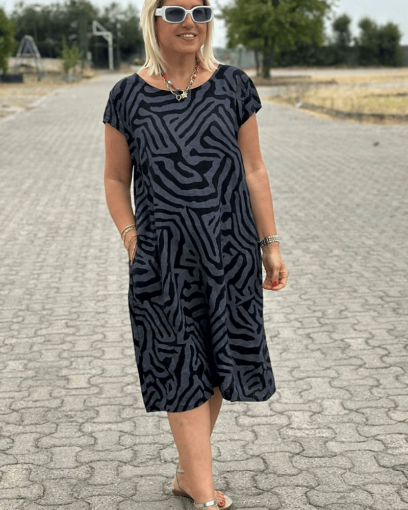 Dames Midi Jurk Korte Mouw met Ronde Hals en Zebraprint