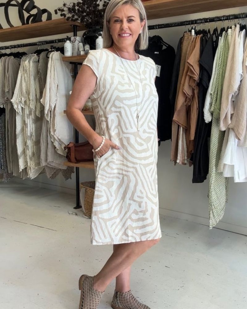 Dames Midi Jurk Korte Mouw met Ronde Hals en Zebraprint Wit