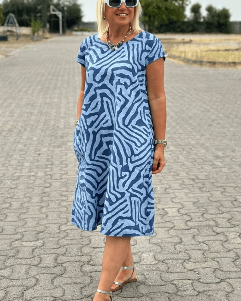 Dames Midi Jurk Korte Mouw met Ronde Hals en Zebraprint Blauw