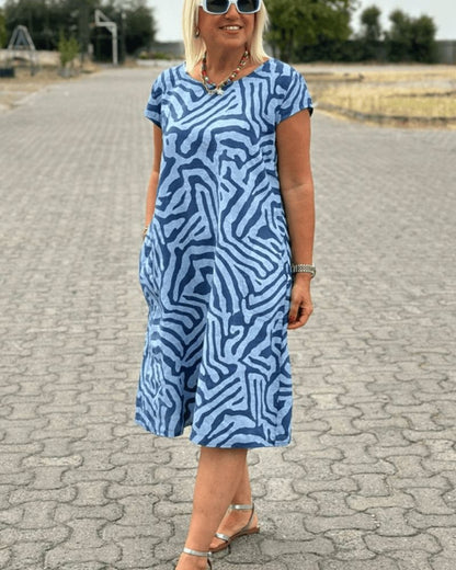 Dames Midi Jurk Korte Mouw met Ronde Hals en Zebraprint Blauw
