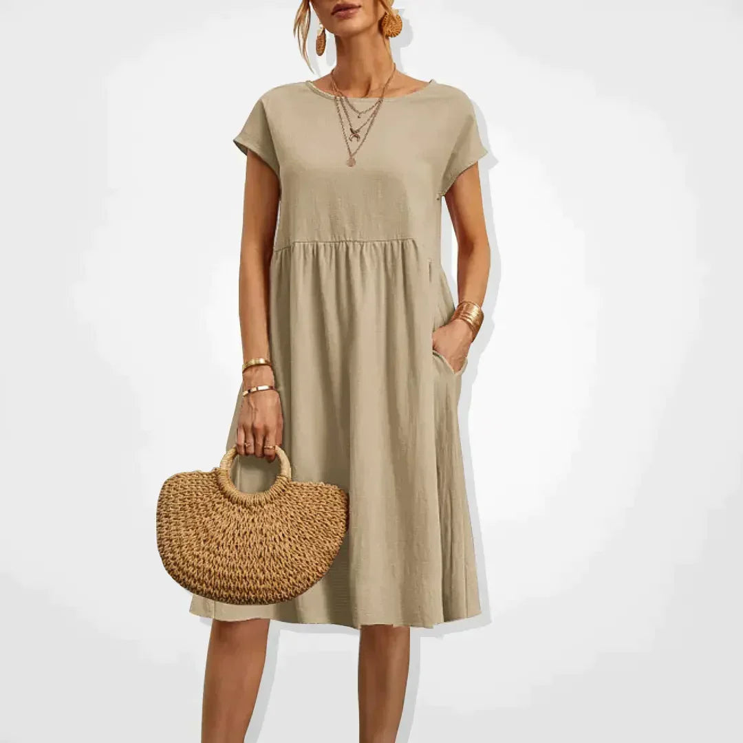Dames Midi Jurk Korte Mouw met Ronde Hals en Zijzakken Beige