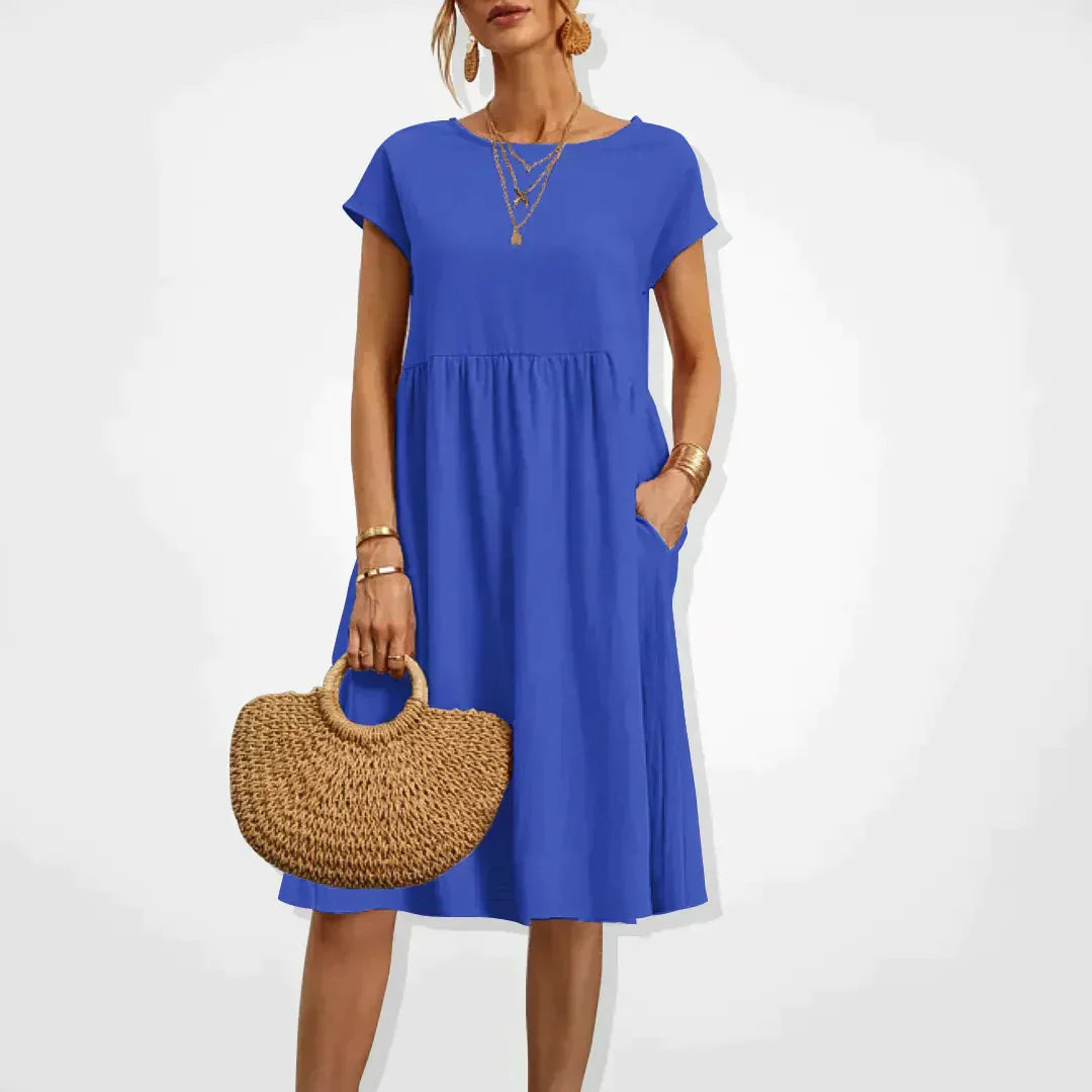 Dames Midi Jurk Korte Mouw met Ronde Hals en Zijzakken Blauw