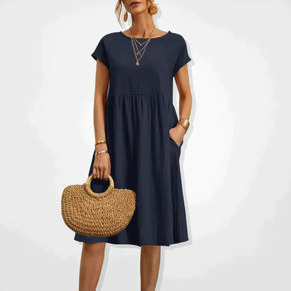 Dames Midi Jurk Korte Mouw met Ronde Hals en Zijzakken Donkerblauw