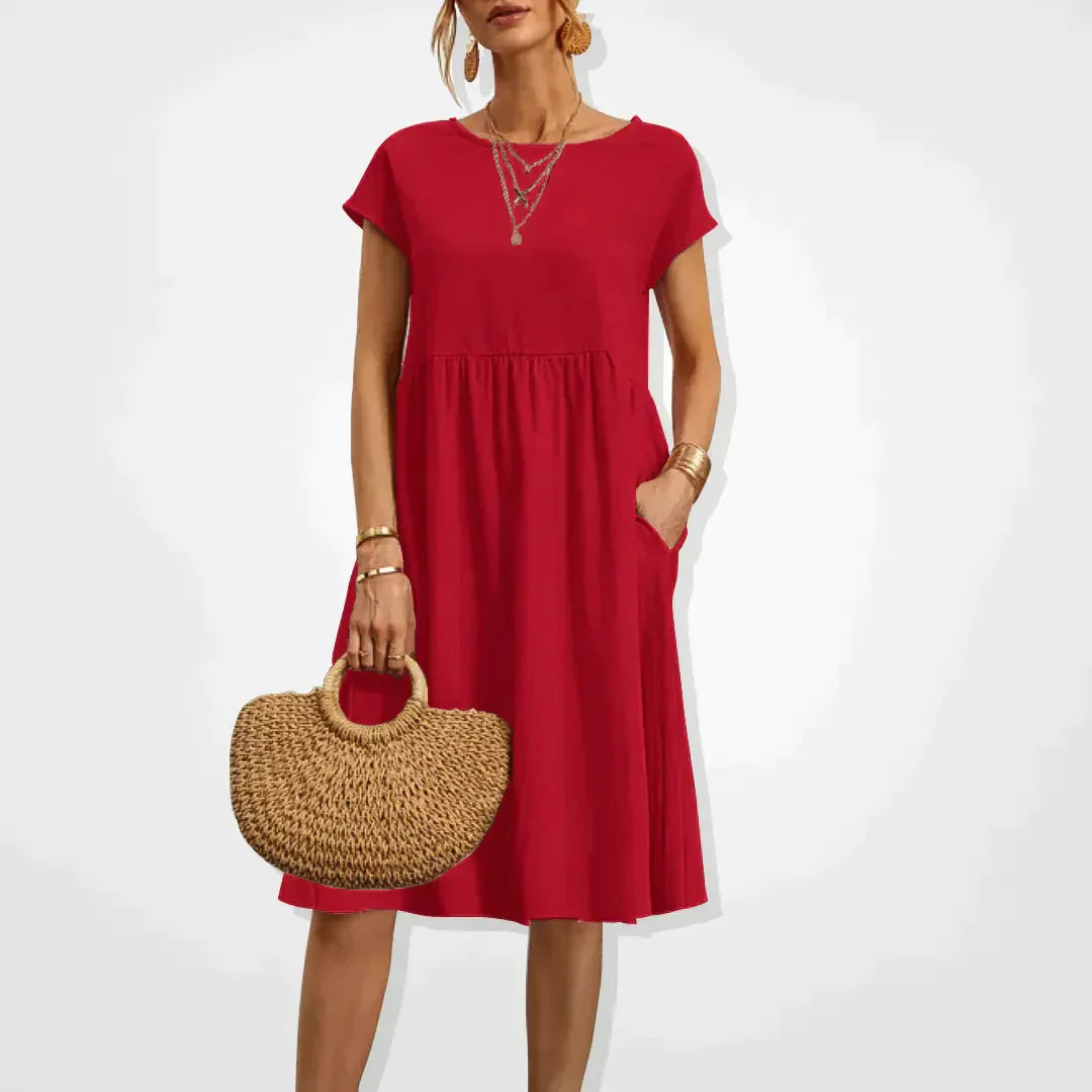 Dames Midi Jurk Korte Mouw met Ronde Hals en Zijzakken Rood