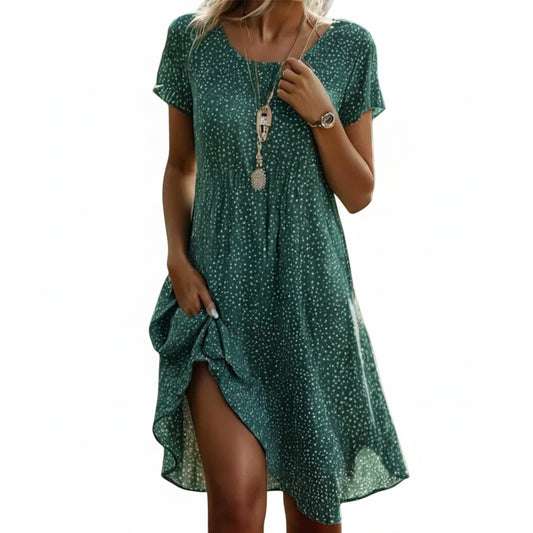 Dames Midi Jurk Korte Mouw met Stippenprint en A-lijn Silhouet Groen
