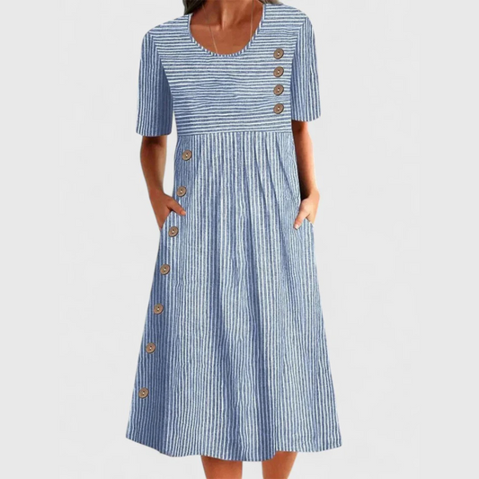 Dames Midi Jurk Korte Mouw met Streepprint, Knopen en Zijzakken Blauw