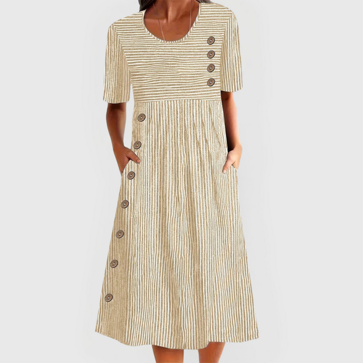 Dames Midi Jurk Korte Mouw met Streepprint, Knopen en Zijzakken Beige