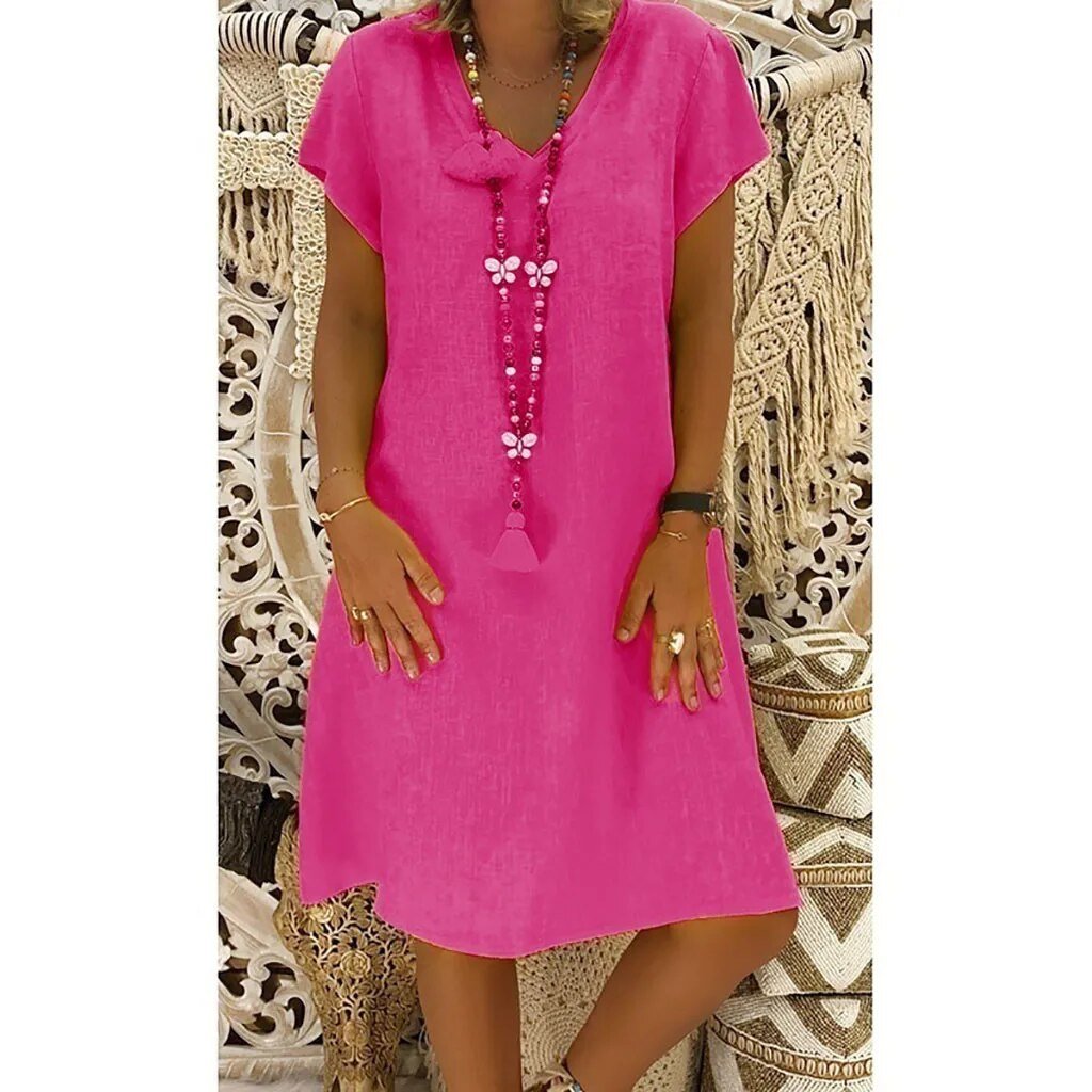 Dames Midi Jurk Korte Mouw met V-hals en A-lijn Oversized Roze