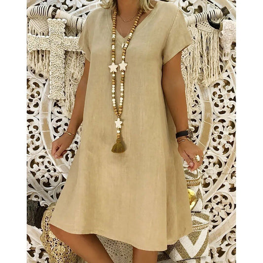 Dames Midi Jurk Korte Mouw met V-hals en A-lijn Oversized Khaki