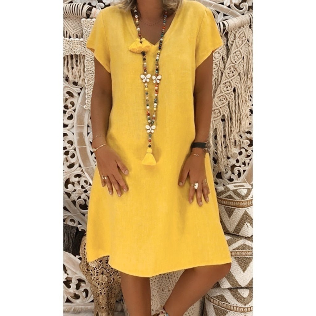 Dames Midi Jurk Korte Mouw met V-hals en A-lijn Oversized Geel