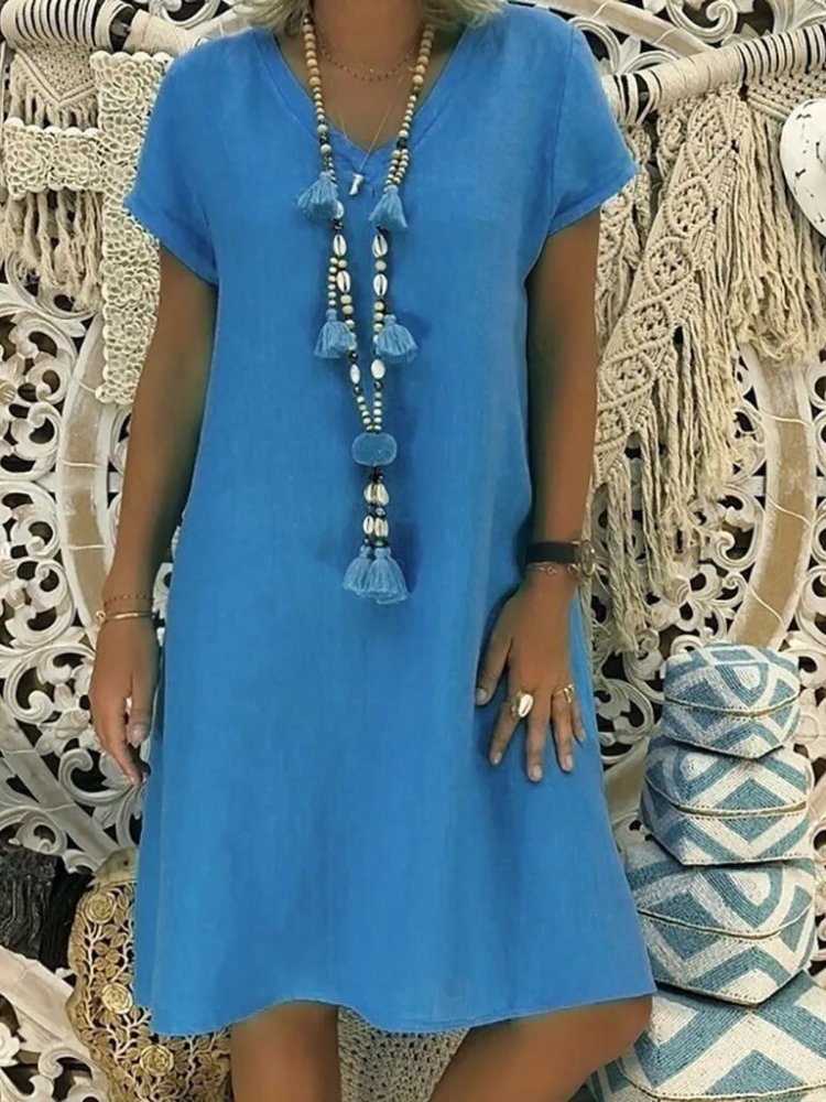 Dames Midi Jurk Korte Mouw met V-hals en A-lijn Oversized Blauw