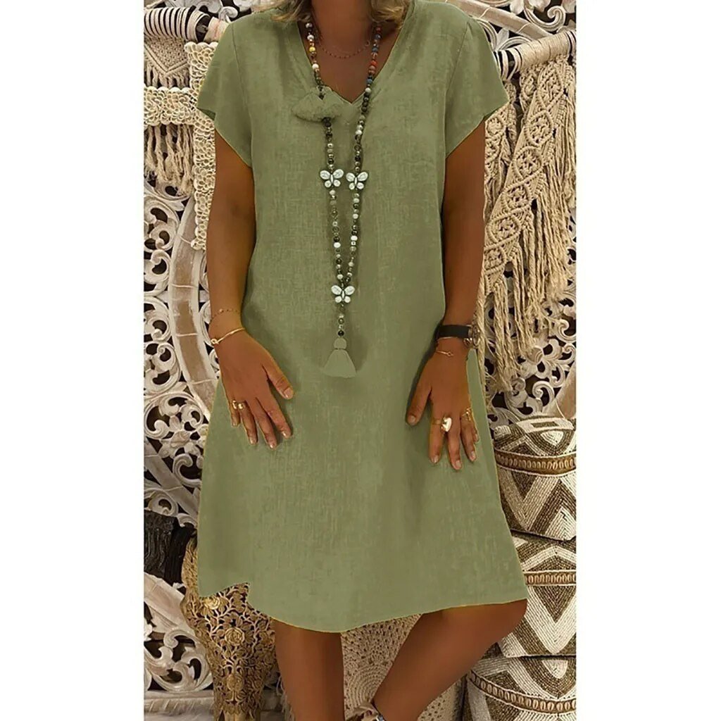 Dames Midi Jurk Korte Mouw met V-hals en A-lijn Oversized Groen