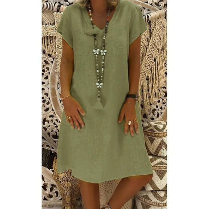 Dames Midi Jurk Korte Mouw met V-hals en A-lijn Oversized Groen