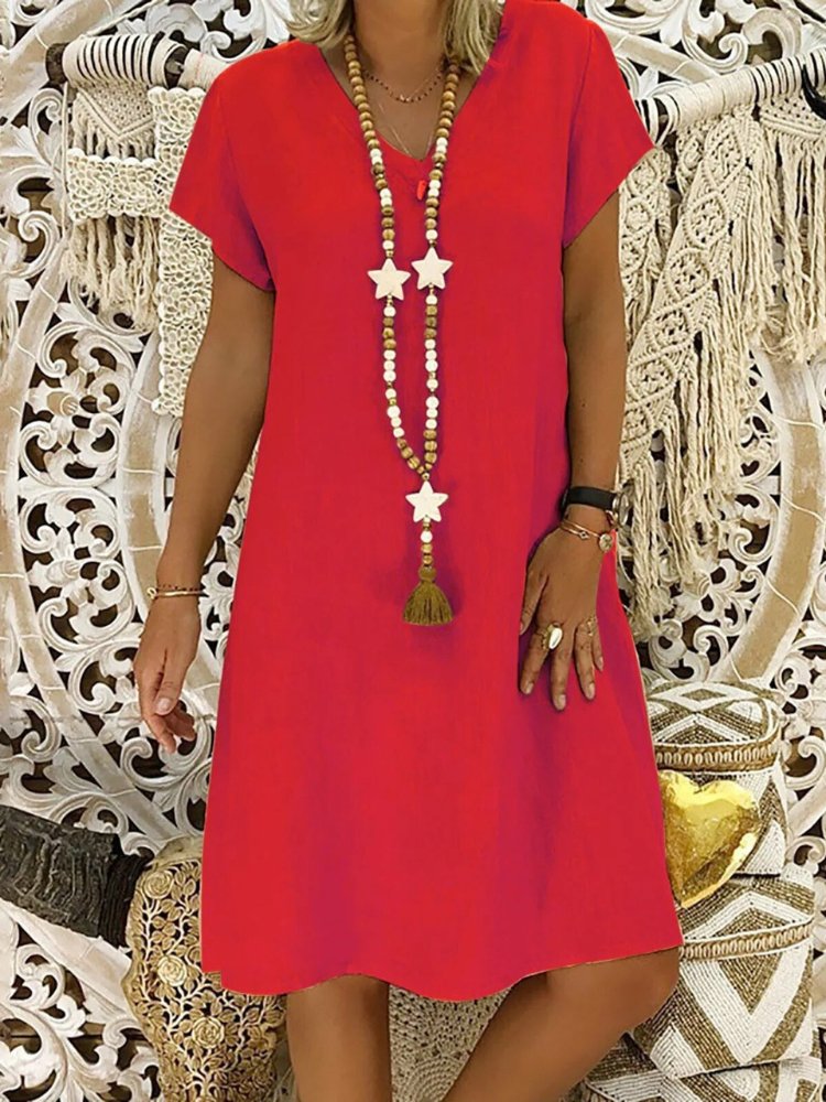 Dames Midi Jurk Korte Mouw met V-hals en A-lijn Oversized Rood